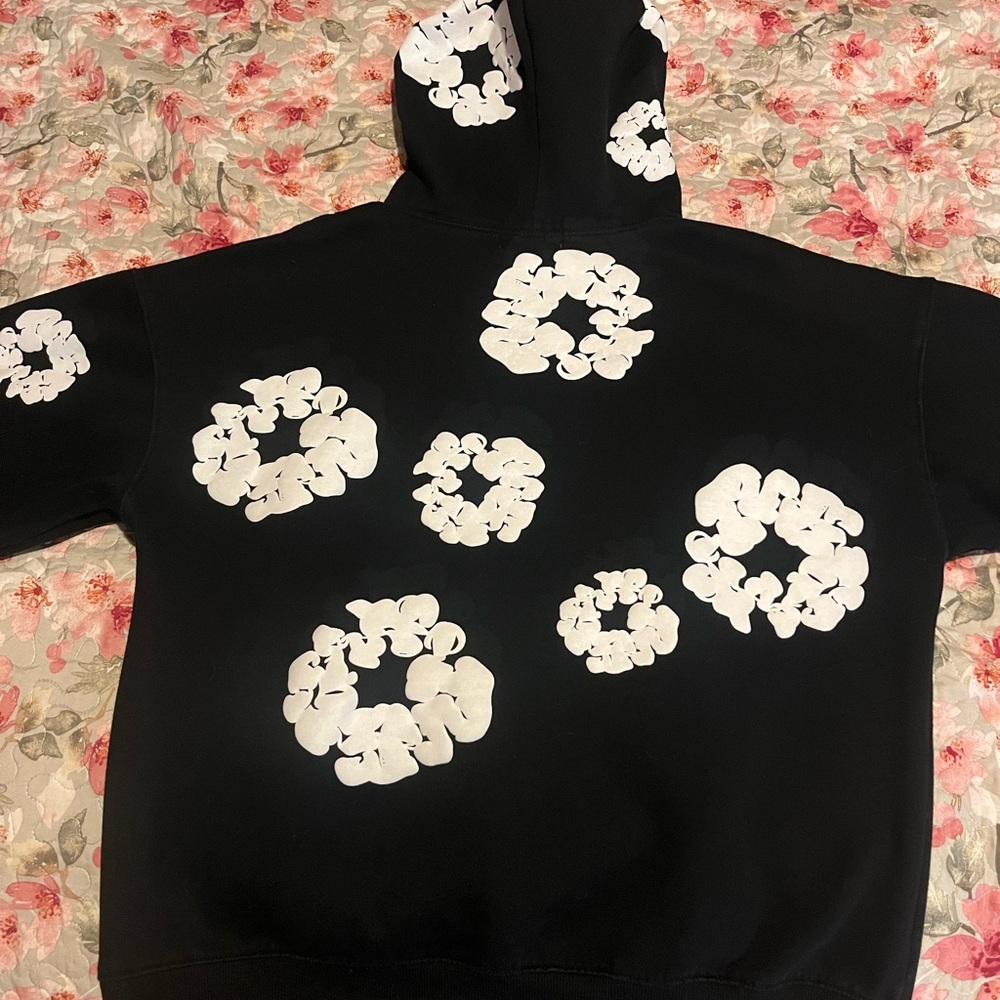 Black Hoodie with White Floral Accents